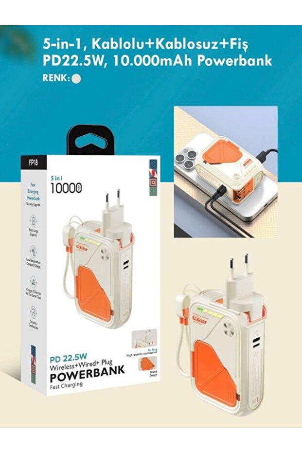 5'in 1 PD 22.5W Hızlı Şarj Powerbank - 10000mAh, Kablolu ve Kablosuz Standlı Çoklu Fişli Şarj Cihazı - 7
