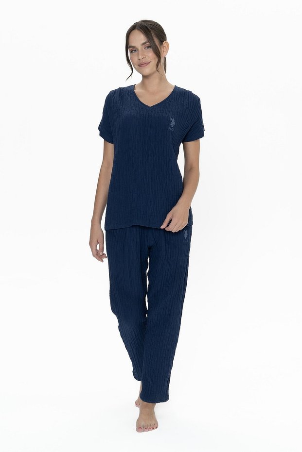 U.S. Polo Assn. 20015 Women's Muslin Fabric Short Sleeve V-Neck Pajamas Set-Navy Blue