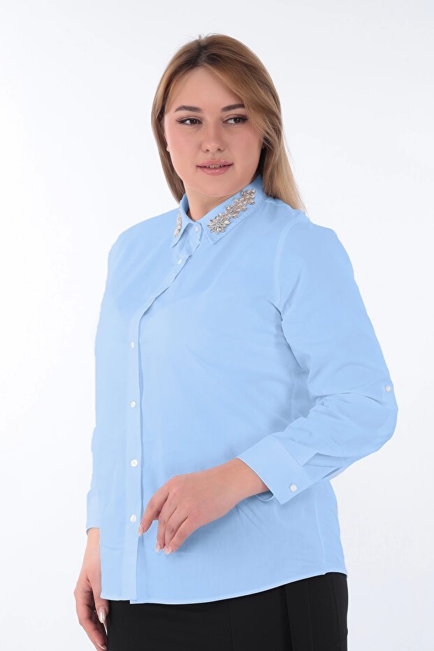 Women's Cotton Classic Plus Size Office Shirt with Stones on the Collar - 44377