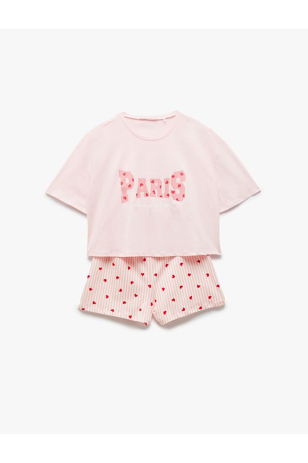 Pamuklu Bisiklet Yaka Kısa Kollu Kalpli Şort Pijama Takımı - 3