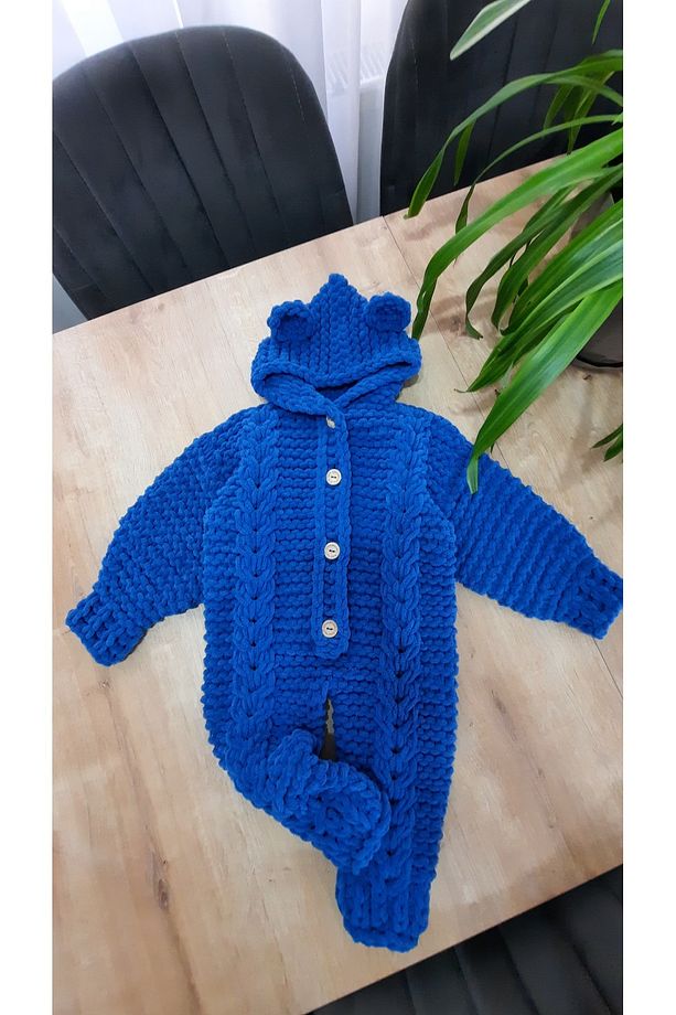 PUFFY EL ÖRGÜSÜ KAPÜŞONLU BEBEK TULUMU 06-18 AY UYUMLU SAKS MAVİ - 2