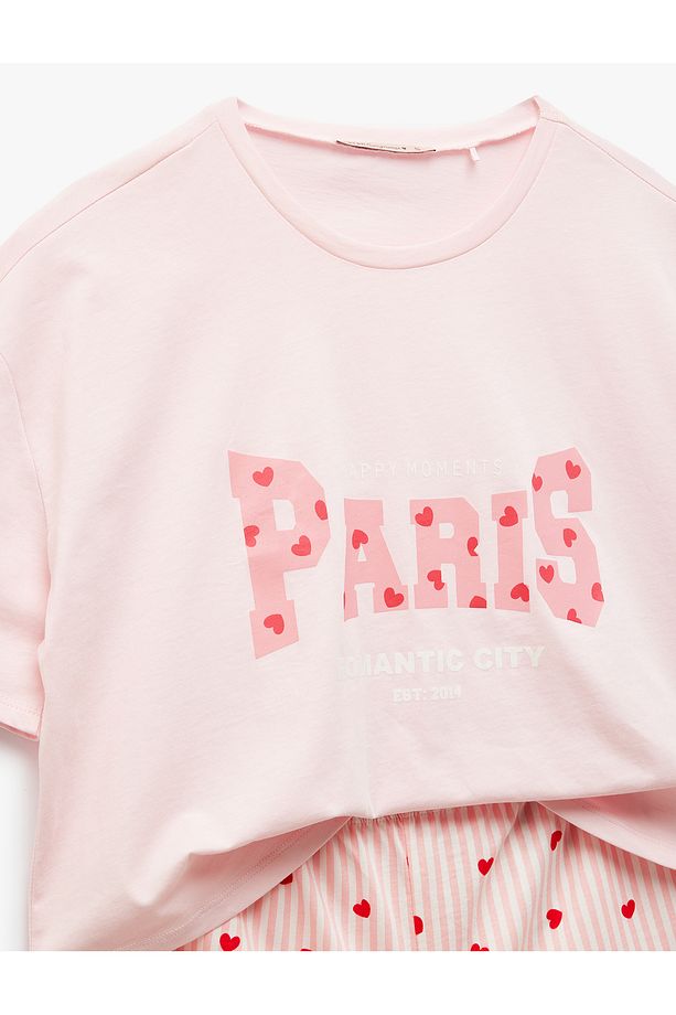 Pamuklu Bisiklet Yaka Kısa Kollu Kalpli Şort Pijama Takımı - 5