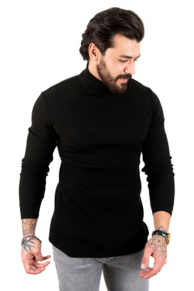 Men's Black Turtleneck Striped Slim Fit Knitted Sweater2100015