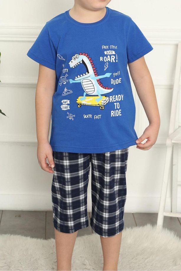 Erkek Çocuk Bermuda Kısa Kollu Pijama Takımı Dinazor MAVİ - 1