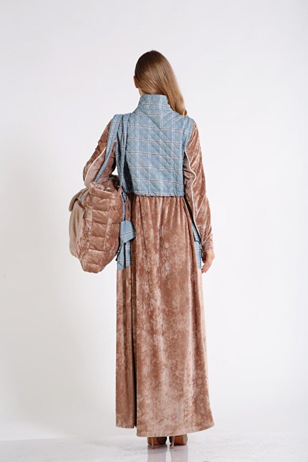 Ekose Kapitone Ve Biye Detaylı Uzun Kadife Elbise - 3