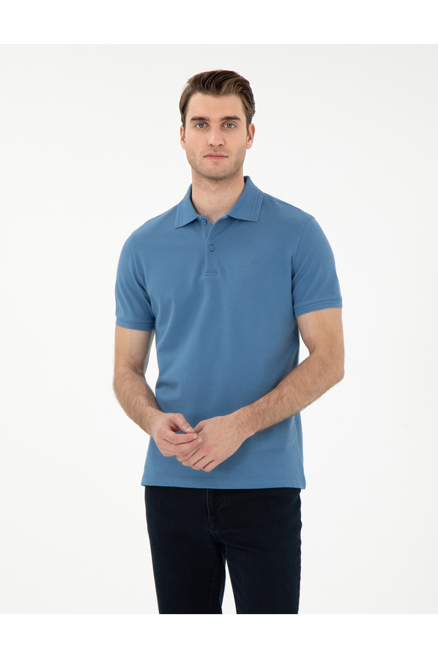 Dark Blue Slim Fit 100% Cotton Buttoned Polo Collar Basic T-Shirt 50306448-Vr032