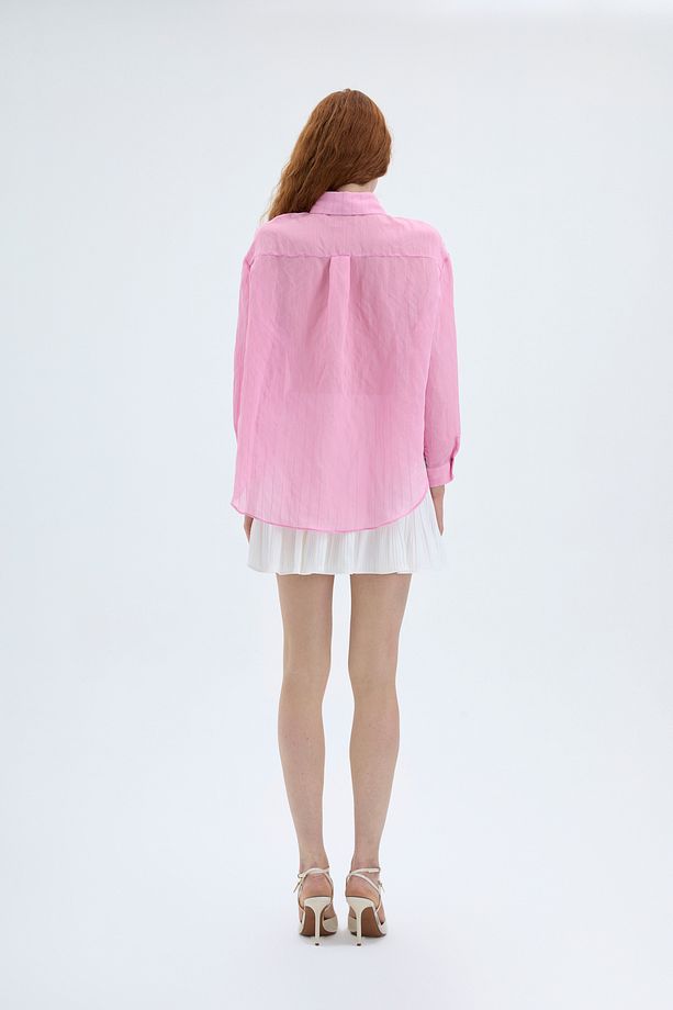 İnce Çizgili Düğmeli Oversize Gömlek Pembe - 5