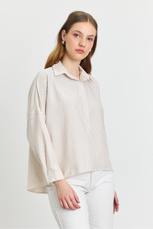 4340A Taş Detay Gömlek Bej - 1