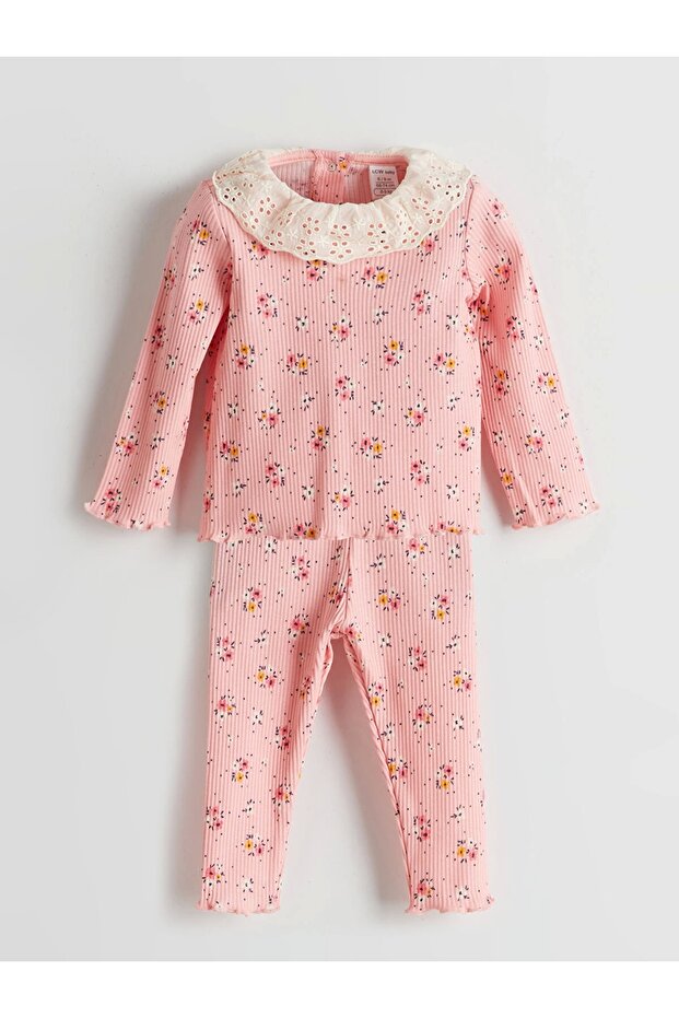 LCW baby Pembe Bisiklet Yaka Çiçekli Kız Bebek Bluz ve Tayt 2'li - 1