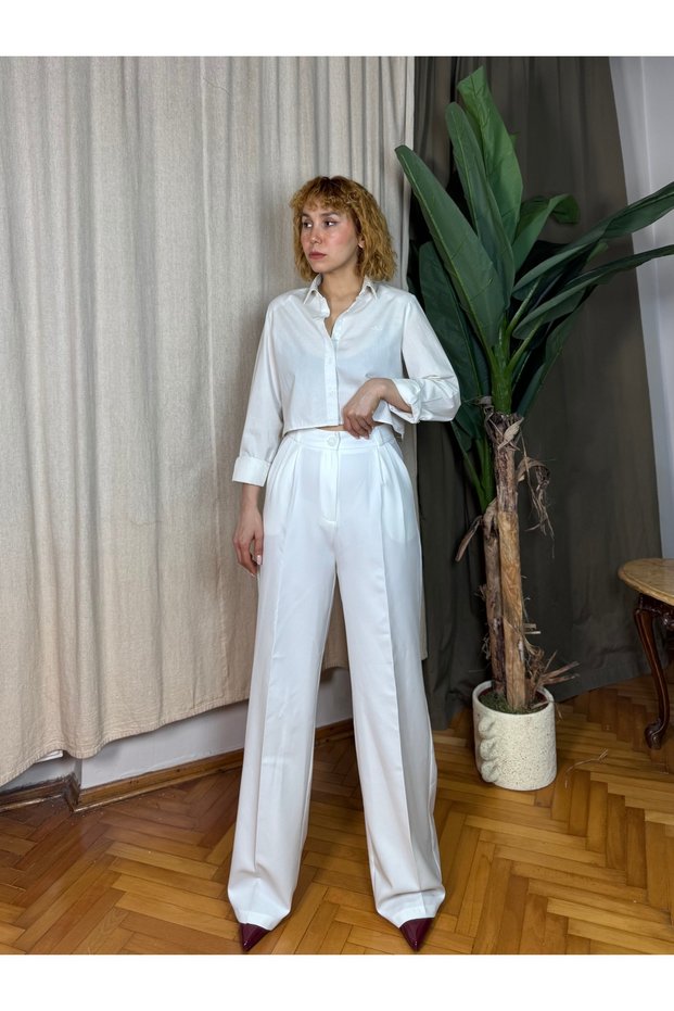 High Waist Palazzo Fabric Trousers with Pleated Waist Detail