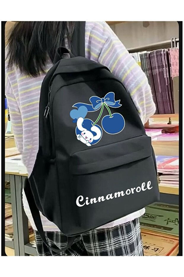 حقيبة ظهر مزدوجة من Cinnamoroll Blue Cherry مطبوع للمدرسة، المدرسة، الدورة التدريبية - Mingalondon