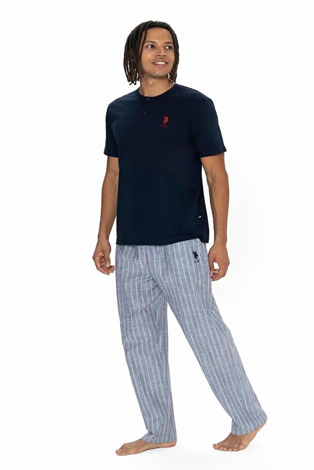 U.S. Polo Assn. 18915 Men's Short Sleeve Buttoned Collar Pajama Set-Navy Blue