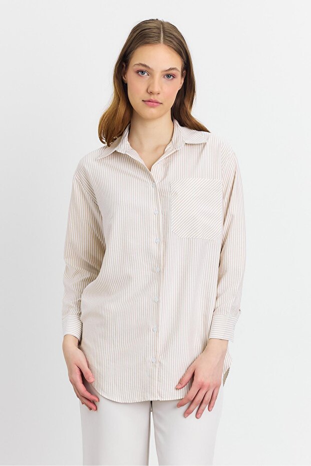 Cămașă - Model Bej și Dungă - 3