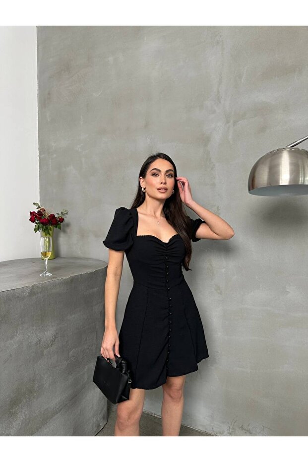 Button Detailed Sleeve Gathered Mini Dress