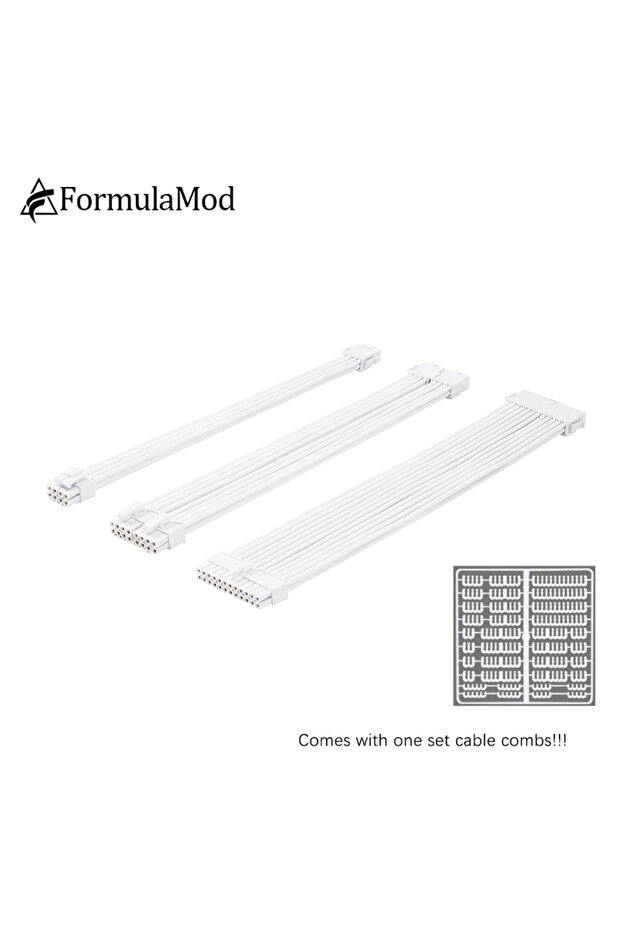 طقم كابل تمديد PSU FormulaMod باللون الأبيض بالكامل، بدون كابل مثني مسبقًا بلون سادة، مقاس 300 مم