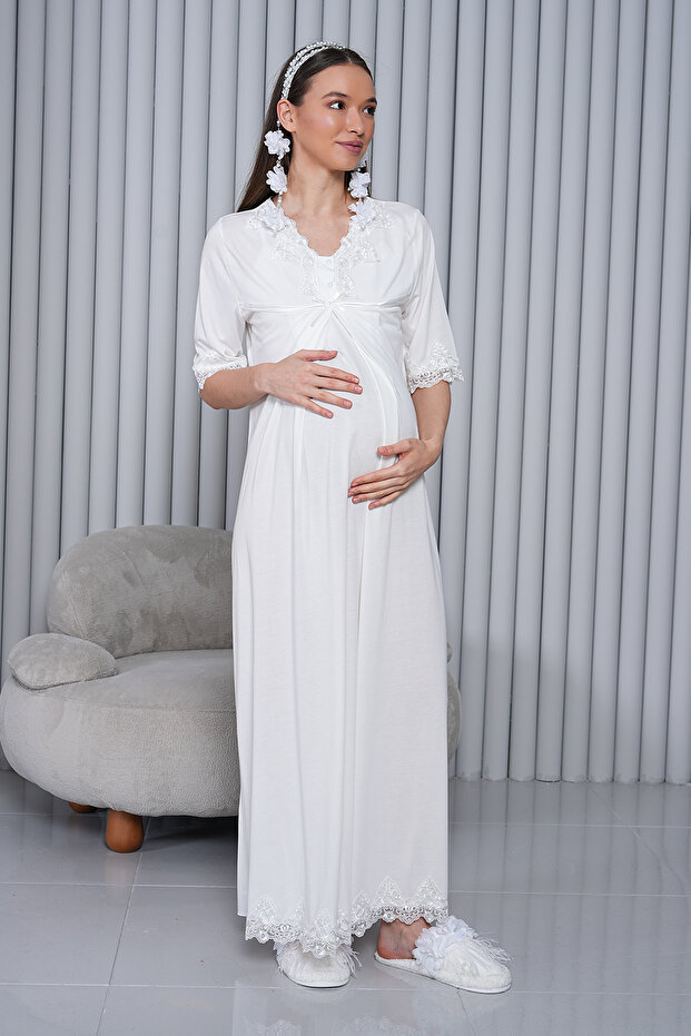 Ecru Maternity Long Maternity Nightgown with Hidden Breastfeeding Feature 5033