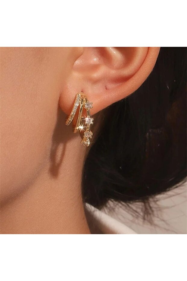 AEH60169A أقراط صغيرة من ثلاث طبقات من Elgeant للنساء لامعة متعددة الألوان مربعة الشكل من الزركون المكعب