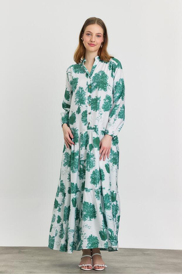 فستان بأزرار فيروزي 4465A نمط شجرة - 2