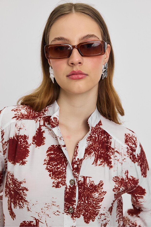 4465A Tree Pattern Buttoned Dress Brown - 4