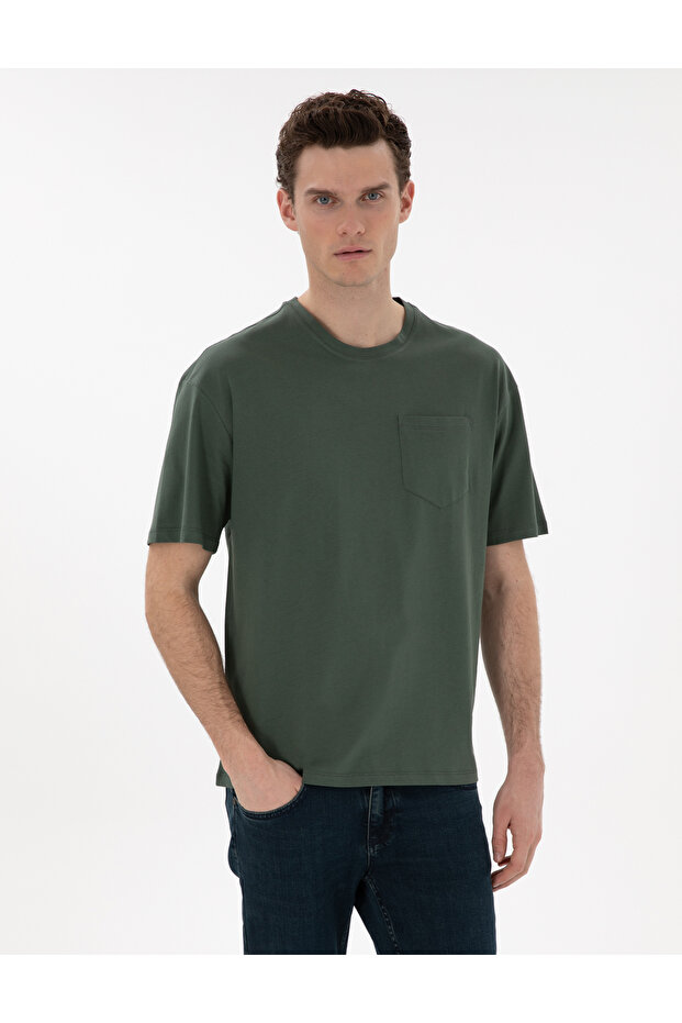 Dark Green Comfort Fit 100% Cotton Crew Neck Basic T-Shirt 50306991-Vr079