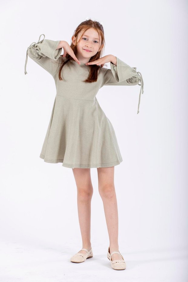 Crew Neck Long Sleeve Green Color Girl's Dress