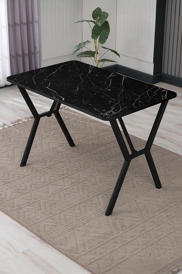 Elma Modeli Masa Sandalye Takımı, 4 Sandalye 1 Sabit Siyah Mermer Desen Masa  110x70 Cm, Keten Kumaş - 6