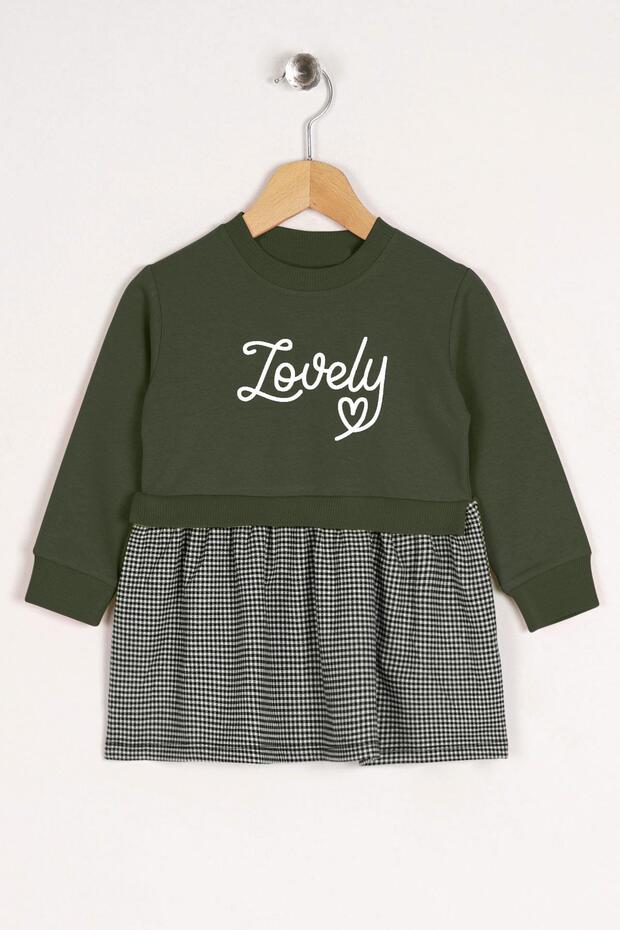 Crew Neck Long Sleeve Lovely Printed Skirt Plaid Khaki Color Girl's Dress