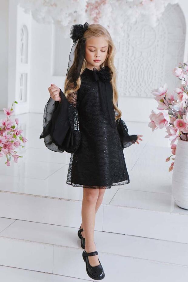 Girl's Lace Embroidered Bow Detailed Spanish Sleeve Black Dress