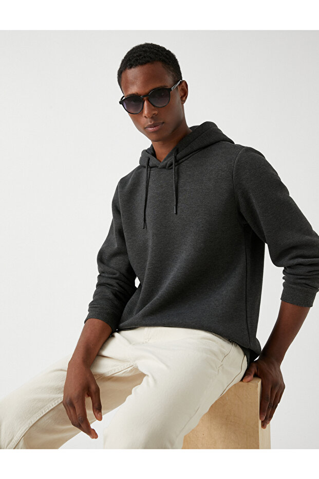 Basic Kapşonlu Sweatshirt Şardonlu - 1