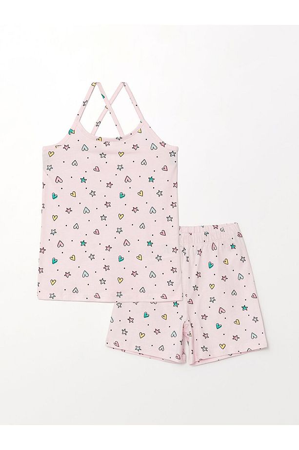 Bisiklet Yaka Baskılı Kısa Kollu Kız Çocuk Şortlu Pijama Takımı - 1