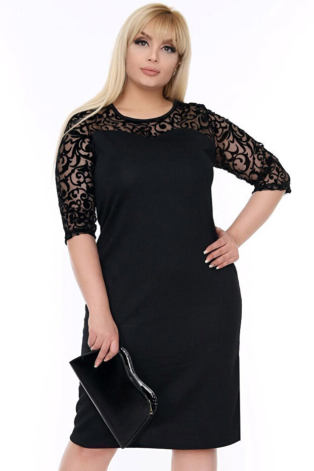 Yuvarlak Yaka Yarım Kol Göğüs ve Kolu Flok Baskı Tül Şık ve Cool Midi Boy Likralı Elbise - 4