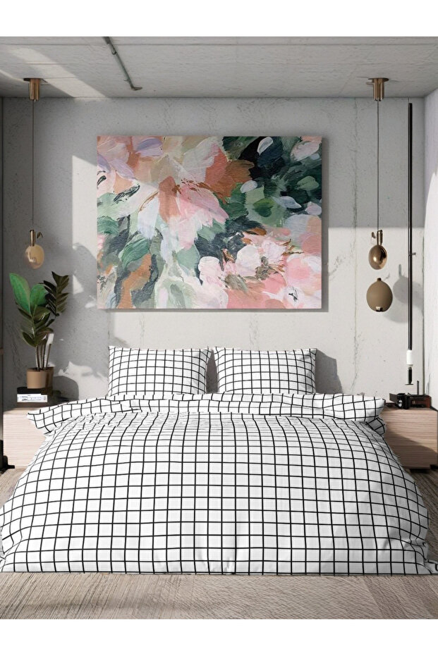 طقم غطاء لحاف مزدوج مقاس كينج 200 × 230 أبيض مربعات مع ملاءات مطاطية، ملاءة سرير مقاس 180 × 200 + 30 سم