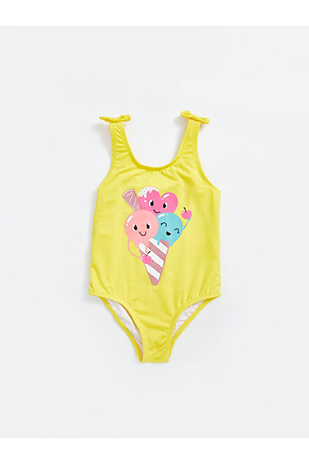 Yellow Crew Neck Printed Baby Girl Swimsuit
