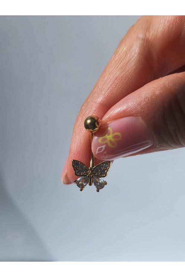Kelebek  Zirkon Taşlı Sade  Çelik Göbek Piercing - 7
