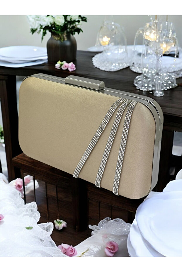 Nude Color Satin Silver Stone Evening Dress Bag Evening Bag