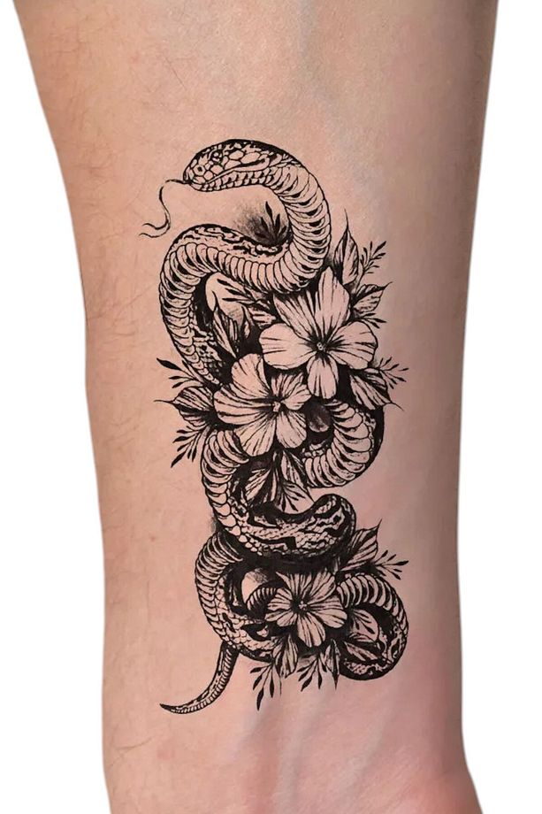 Gerçek Dövme Görünümlü Yılan Ve Lotus Modelli 3 Boyutlu Tattoo, Geçici Dövme - 1