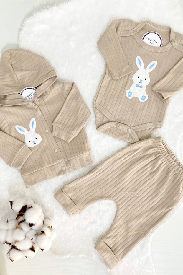 Baby Girl and Boy 3-Piece Cardigan Hooded Set with Rabbit Embroidery Newborn Outfit Cotton