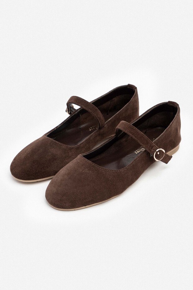 Damskie baleriny Desire Brown Genuine Suede Buckle Flat Sole - 5