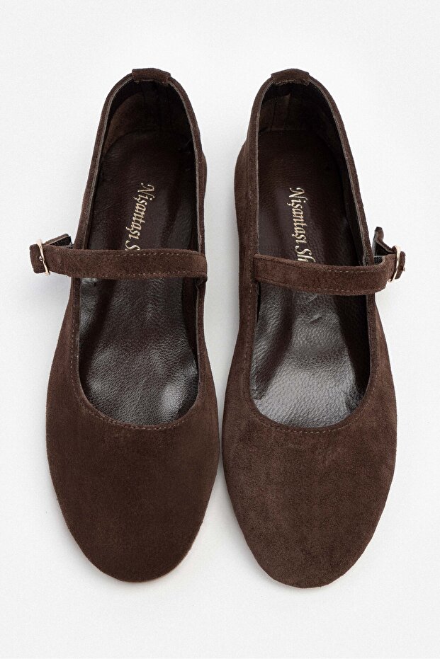 Damskie baleriny Desire Brown Genuine Suede Buckle Flat Sole - 7