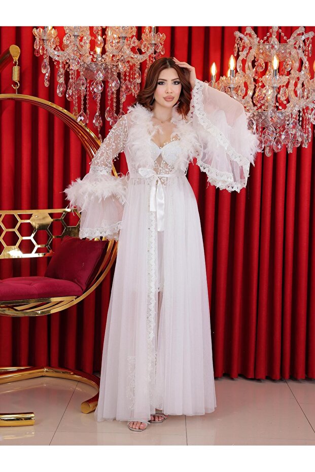 2-Piece Long Dressing Gown with Feathers