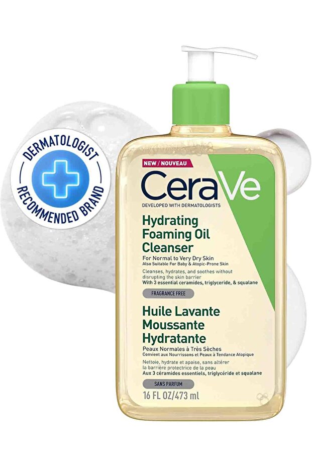 CeraVe Hydrating Foaming Oil Cleanser 473ml for Normal to Very Dry Skin with Squalane, Triglyceride
