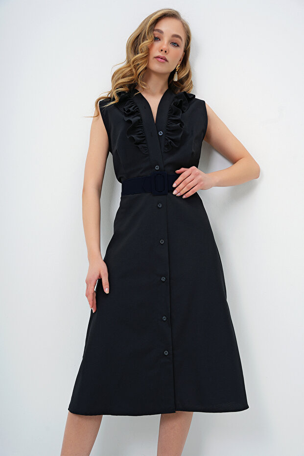 Black Ruffled Front Belted Poplin Woven Dress Alc-X11609