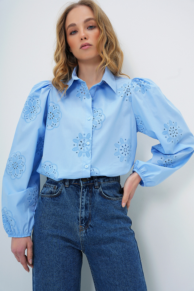 Women's Baby Blue Guipure Woven Premium Shirt Alc-X4366
