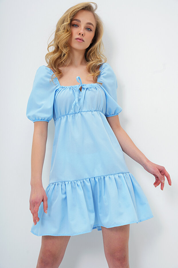 Kadın Bebe Mavi Kare Yaka Balon Kol Poplin Mini Elbise ALC-X13594 - 3