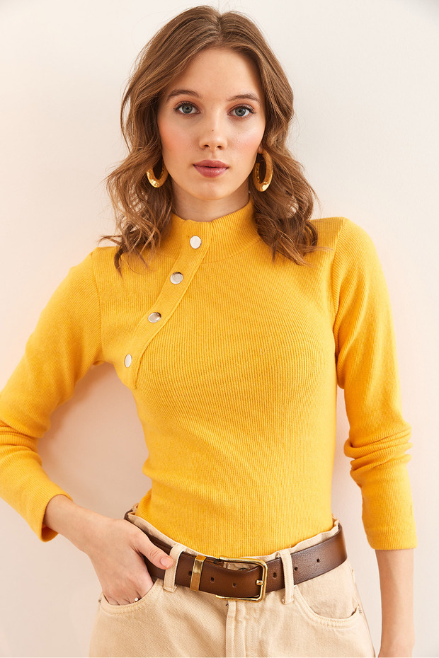 Dámská žlutá, detailní rybářská lycrová halenka s knoflíky BLZ-19001608 - 5