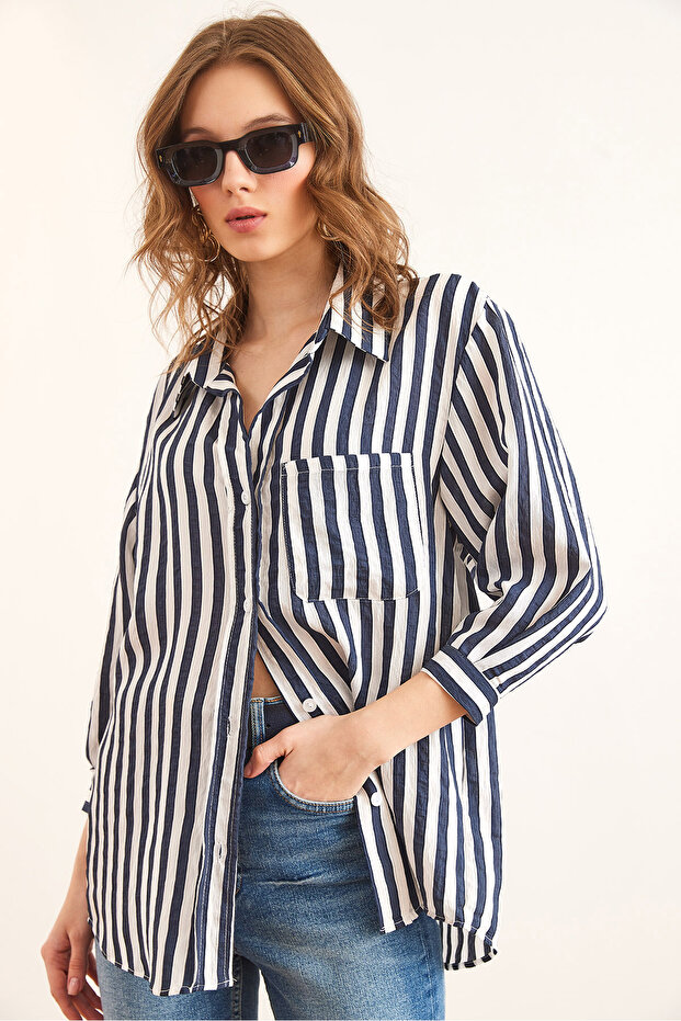 Women's Navy Blue Pocket Striped Bofriend Modal Textured Shirt Gml- 19001296