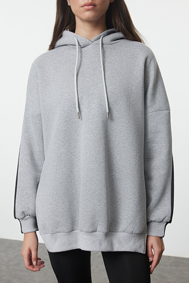 Antrasit Pamuklu Renk Bloklu Geniş Kalıp İçi Polarlı Örme Spor Sweatshirt TWOSS22SW0074 - 3