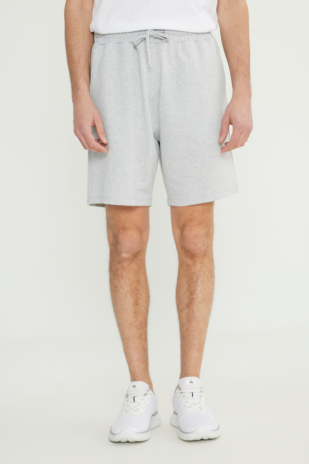 Erkek Gri Melanj Pamuklu Rahat Nefes Alabilen 2 İplik Cepli Örme Şort Standart Fit Normal Kesim - 1