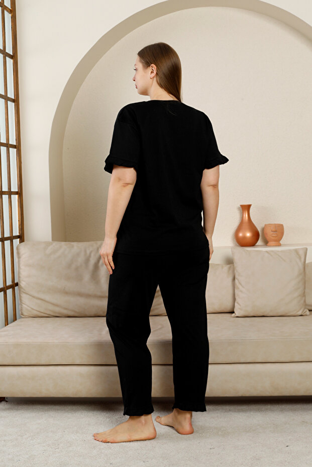 Siyah Bisiklet Yaka Fırfır Detaylı 3'lü Set Pijama Takımı TBBSS25AI00093 - 6