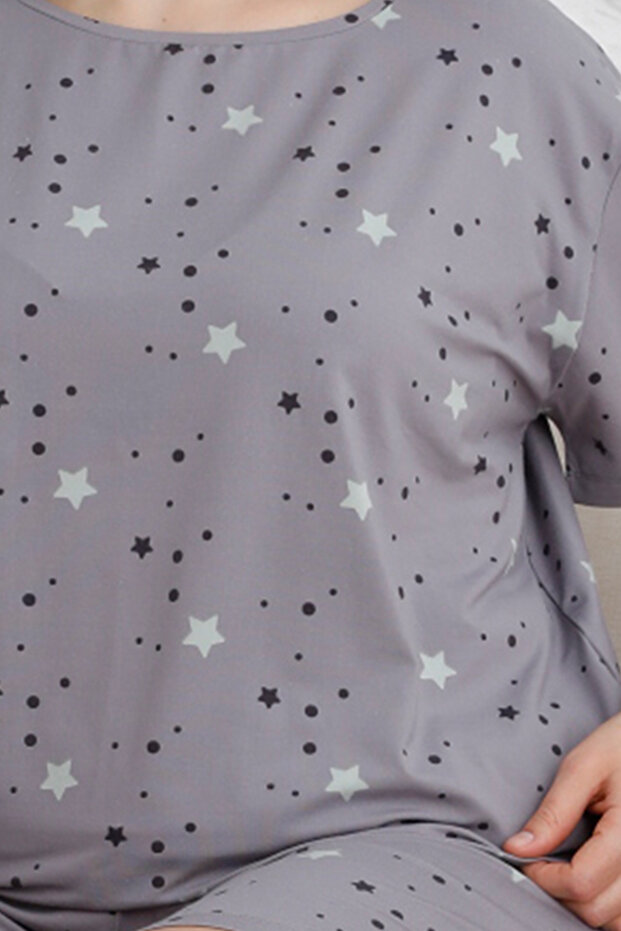 Gri Yıldız Desenli Yumuşak Tuşe Milan Örme Pijama Takımı TBBSS25AI00060 - 4